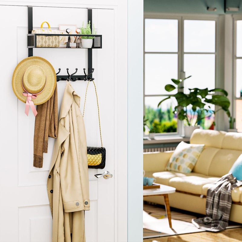 Consumest Over The Door Hooks Organizer - Over Door Hanger with 16 Hooks & 2 Baskets for Hanging Coat, Clothing, Towel, Back Storage for Bathroom, Closet, College Dorm, Black - Image 2